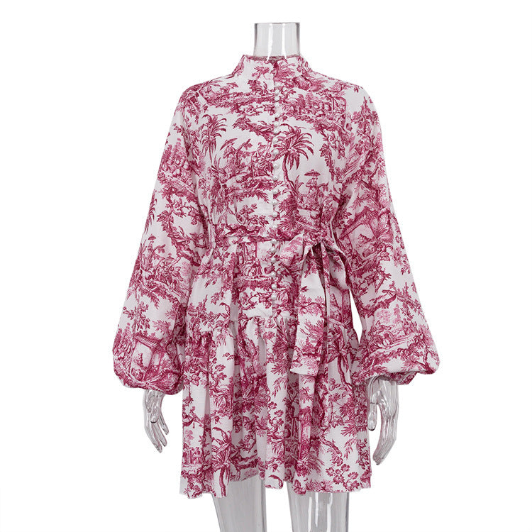 Robe Élégante à Manches Longues avec Imprimé en Encre et Manches Bouffantes