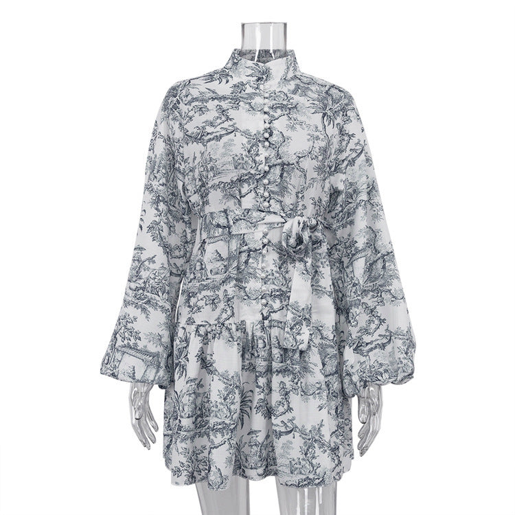 Robe Élégante à Manches Longues avec Imprimé en Encre et Manches Bouffantes