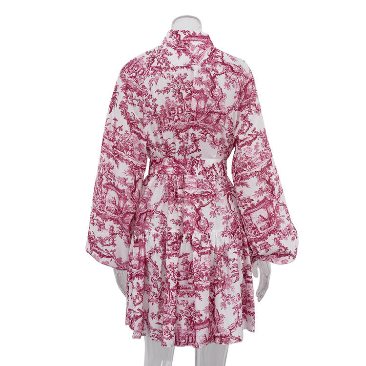Robe Élégante à Manches Longues avec Imprimé en Encre et Manches Bouffantes
