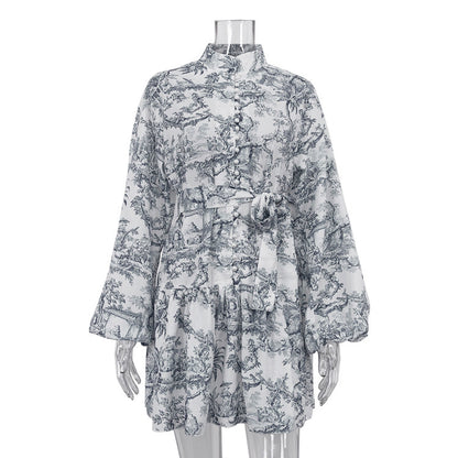 Robe Élégante à Manches Longues avec Imprimé en Encre et Manches Bouffantes
