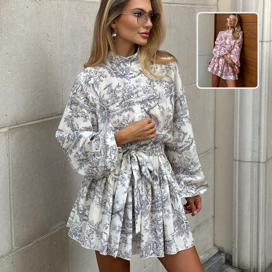 Robe Élégante à Manches Longues avec Imprimé en Encre et Manches Bouffantes