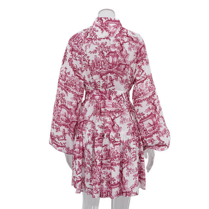 Robe Élégante à Manches Longues avec Imprimé en Encre et Manches Bouffantes